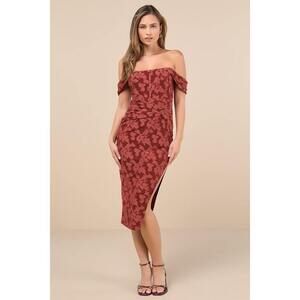 Lulus Alluring Rsvp Rusty Rose Burnout Off-the-shoulder Midi Dress Pink - Size L